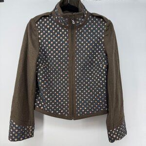 Tory Burch Women’s Embroidered Wool-Blend Zip Jacket Size 10 Olive Green Texture